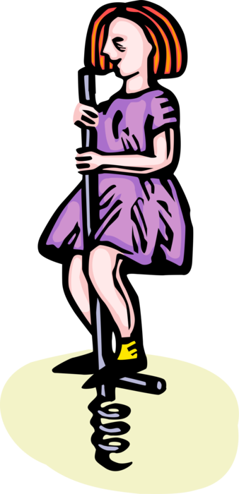 Vector Illustration of Young Girl Plays with Pogo Stick Spring Bouncing Toy