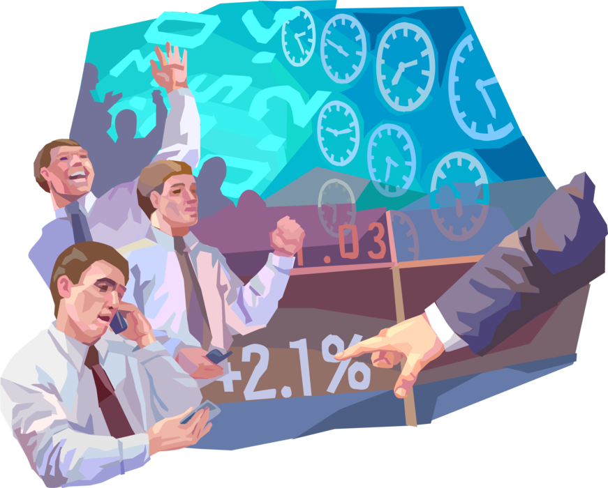 Vector Illustration of Wall Street and Investment Banking with Stock Market Brokers Buying and Selling Stocks
