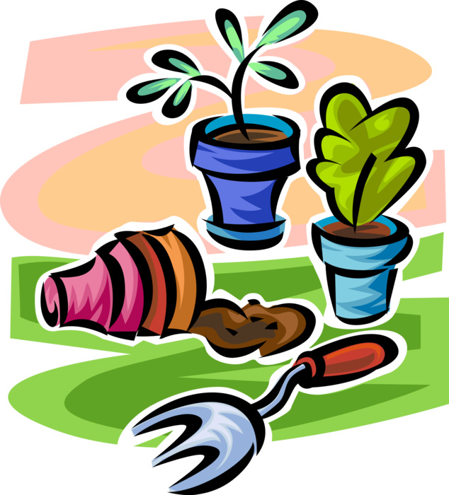 Vector Illustration of Potted Houseplant Plants in Garden Clay Pots