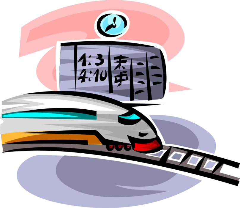 Vector Illustration of Shinkansen Japanese High-Speed Railway Bullet Train with Arrivals Board