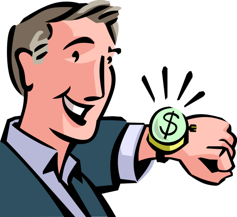 Vector Illustration of Businessman Agrees There's No Time Like the Present for Making Cash Money Profits