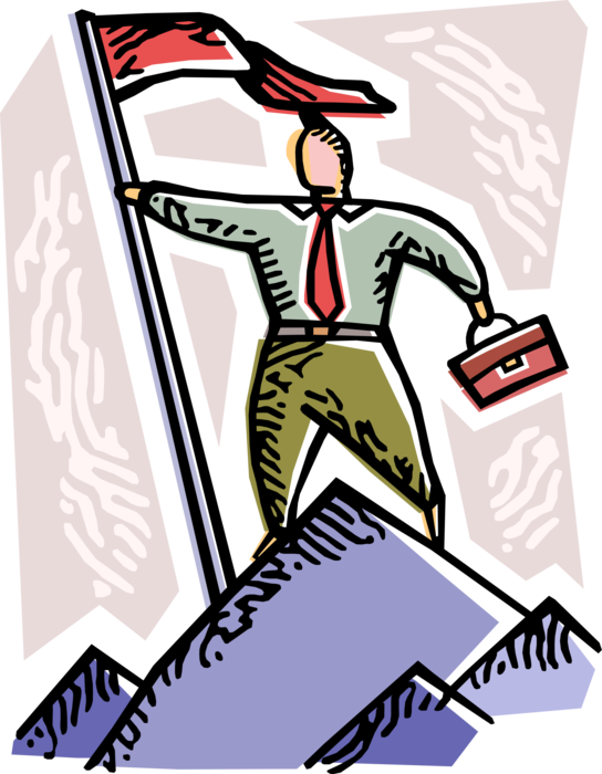 Vector Illustration of Businessman Mountain Climber Reaches Summit, Plants Flag as Conqueror