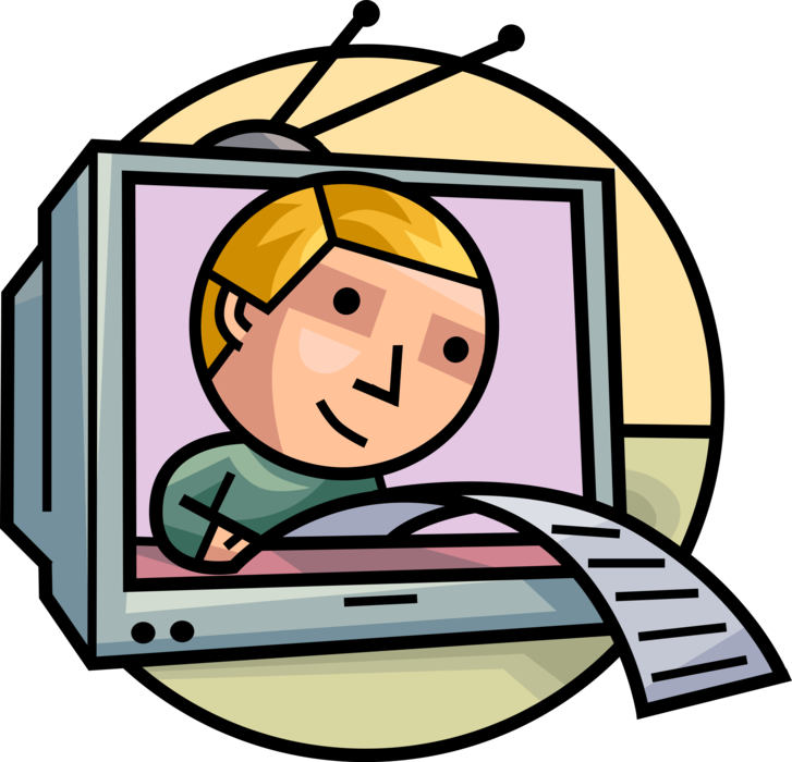 Vector Illustration of Television Anchorman Reads the News with TV Set