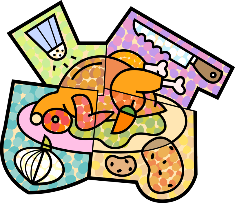 Vector Illustration of Roast Poultry Turkey Dinner with Garlic, Potatoes, Salt and Carving Knife