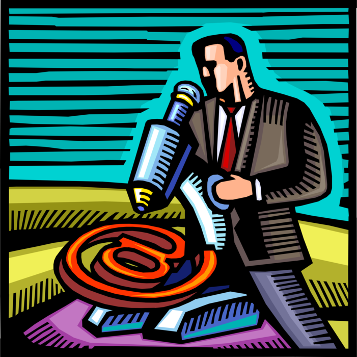 Vector Illustration of Businessman with Internet Electronic Mail Email Correspondence @ Symbol and Microscope