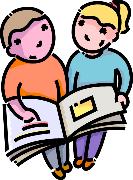 Vector Illustration of Primary or Elementary School Student Best Friends Read Book