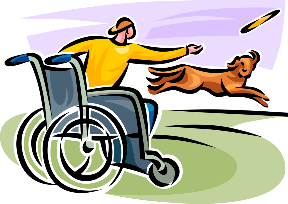 Vector Illustration of Handicapped or Disabled Adolescent Youth in Wheelchair Plays Frisbee with Pet Dog 