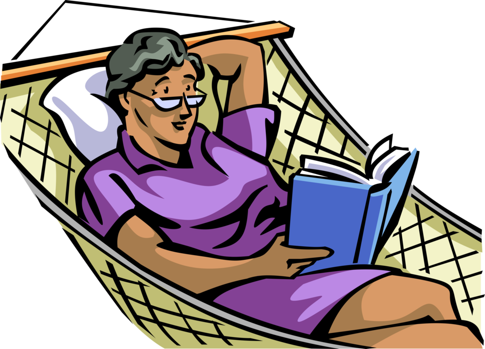 Vector Illustration of Retired Elderly Senior Citizen Reads Book While Relaxing in Hammock