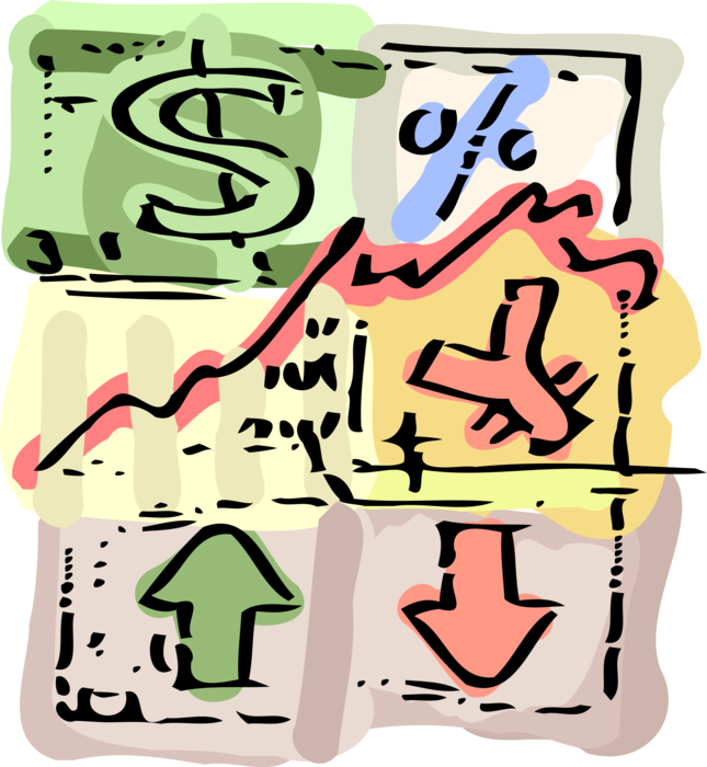 Vector Illustration of Wall Street Financial Stock Market Investment Analysis with Money Currency Symbols