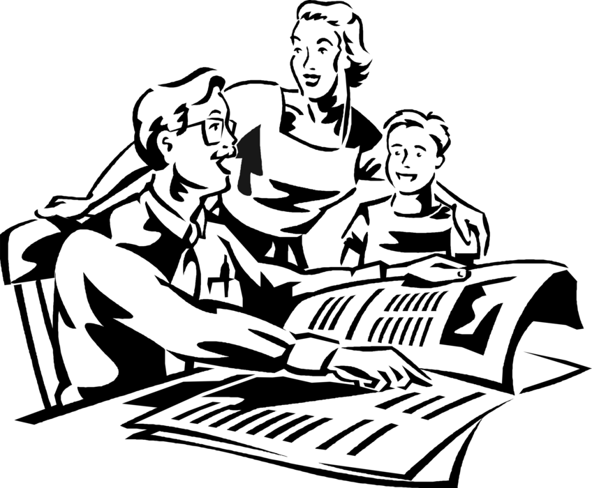 Vector Illustration of Father in Family Reads Newspaper Article with Wife and Son