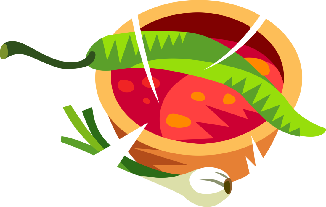 Vector Illustration of Spicy Salsa Picante Tomato-Based Sauce or Dip with Onions and Chili Peppers
