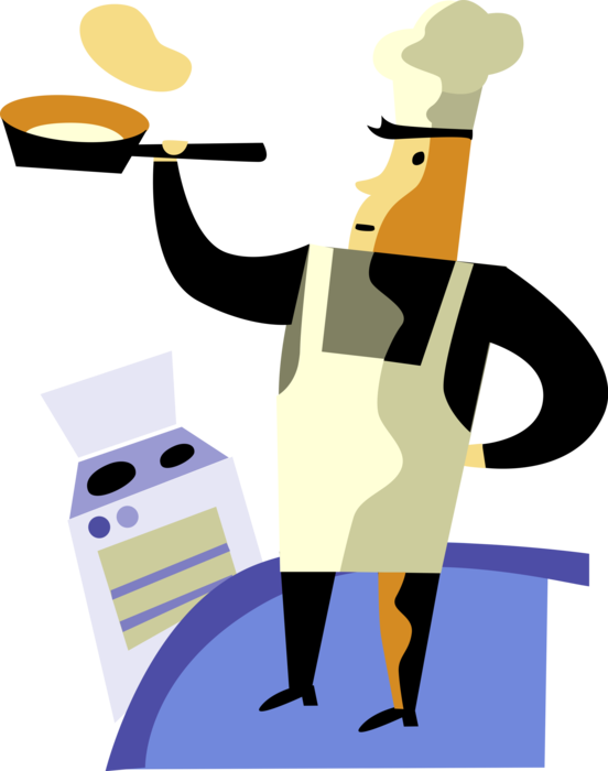 Vector Illustration of Culinary Cuisine Restaurant Chef Flips Pancake Crêpe in Kitchen Frying Pan