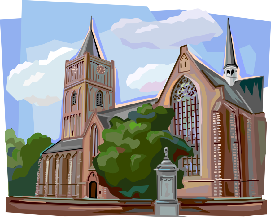Vector Illustration of Dutch Cathedral Church with Clock Tower, The Netherlands