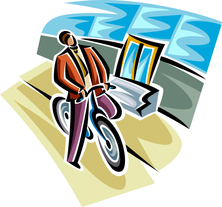 Vector Illustration of Businessman Commuter Rides Bicycle Bike to Office Work