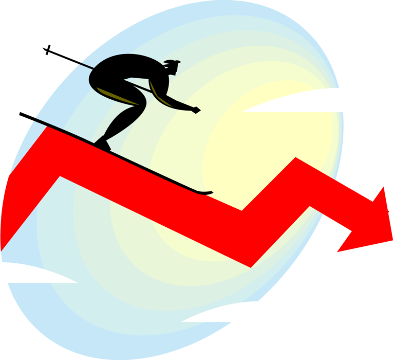 Vector Illustration of Businessman Alpine Downhill Skier Skiing Downward Trend in Sales Chart