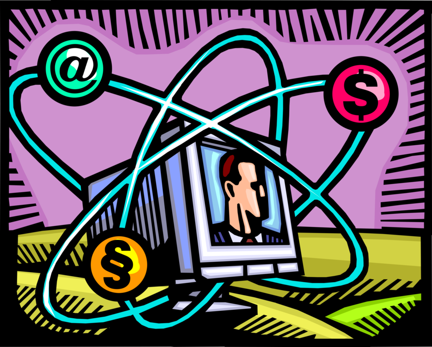 Vector Illustration of Businessman with Information Age Computer Technology and Global Telecommunications and Finance