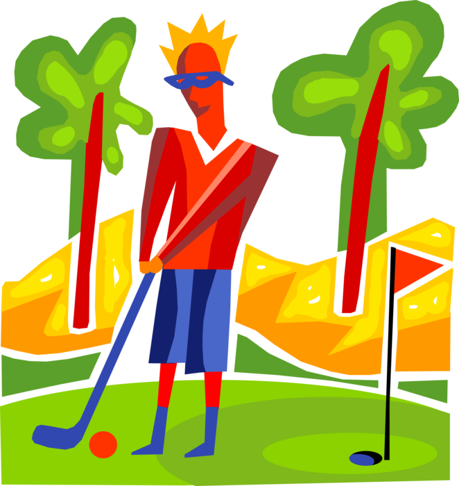 Vector Illustration of Sport of Golf Golfer Playing Golf Takes Putt on Golfing Green with Putter
