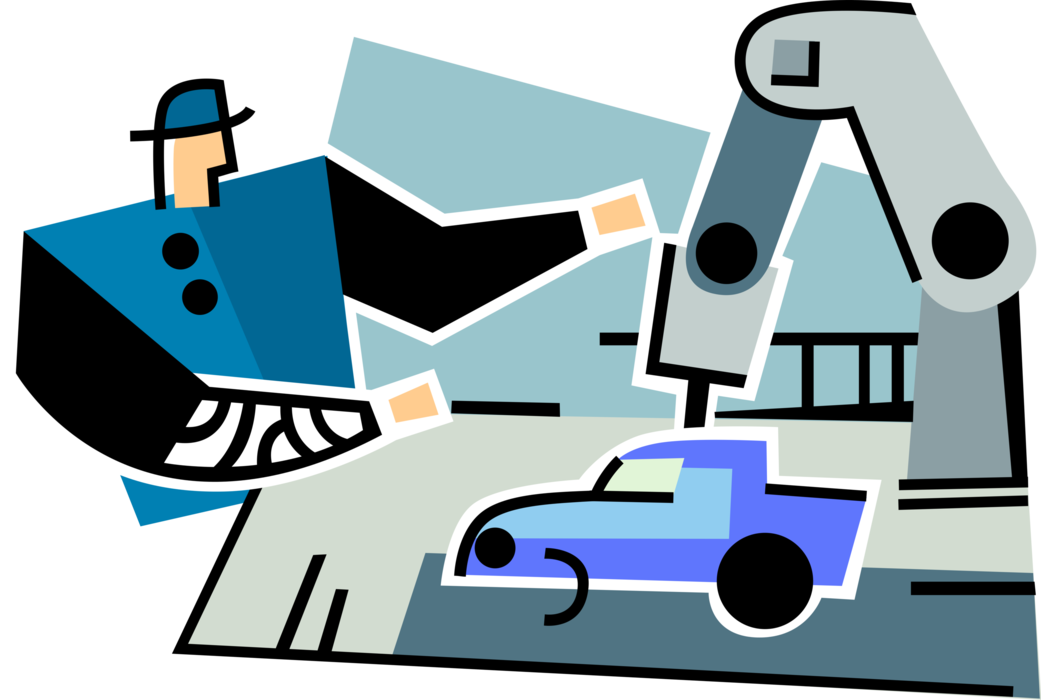 Vector Illustration of Industrial Manufacturing Auto Worker Builds Cars on Automotive Factory Assembly Line