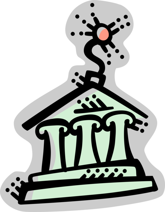 Vector Illustration of Financial Institution Bank with Classical Columns with Bomb Fuse Ready to Explode