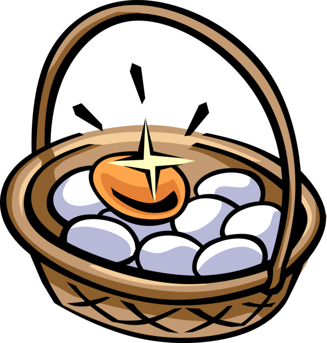 Vector Illustration of The Goose that Laid the Golden Egg Idiom Nest Eggs in Basket of Chicken Eggs