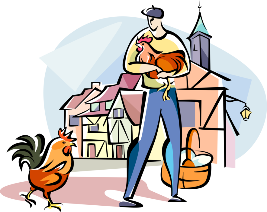 Vector Illustration of French Farmer with Cockerel Cock and Hen Chickens