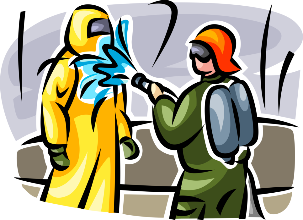Vector Illustration of Toxic Chemical Disinfection and Decontamination Sprayer with Hazmat Suit