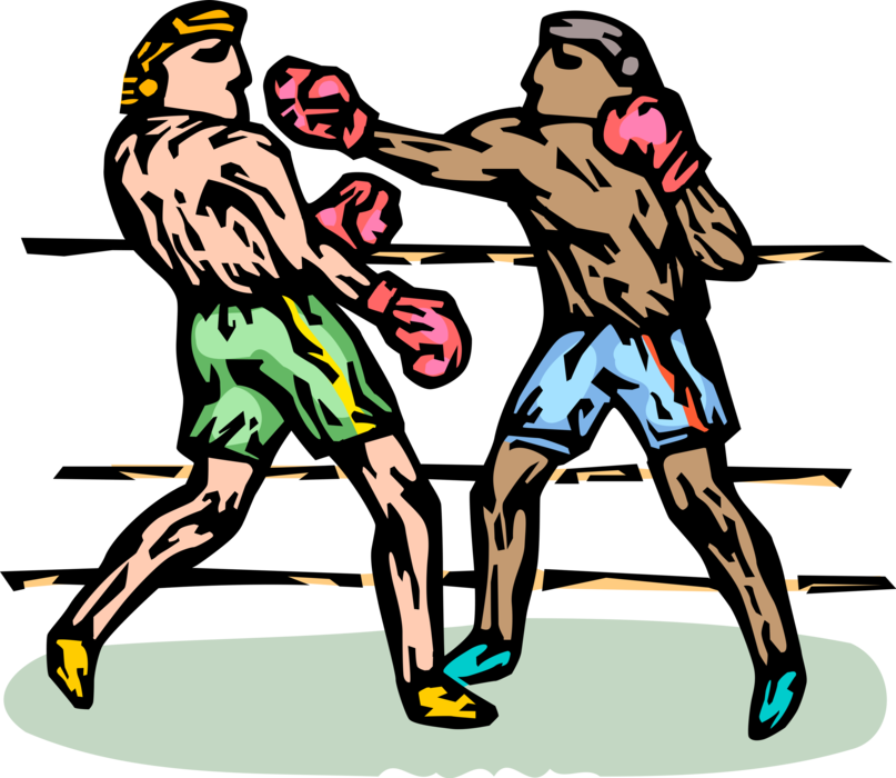 Vector Illustration of Prizefighter Pugilist Boxer Fighters Sparring with Gloves in Boxing Ring During Fight