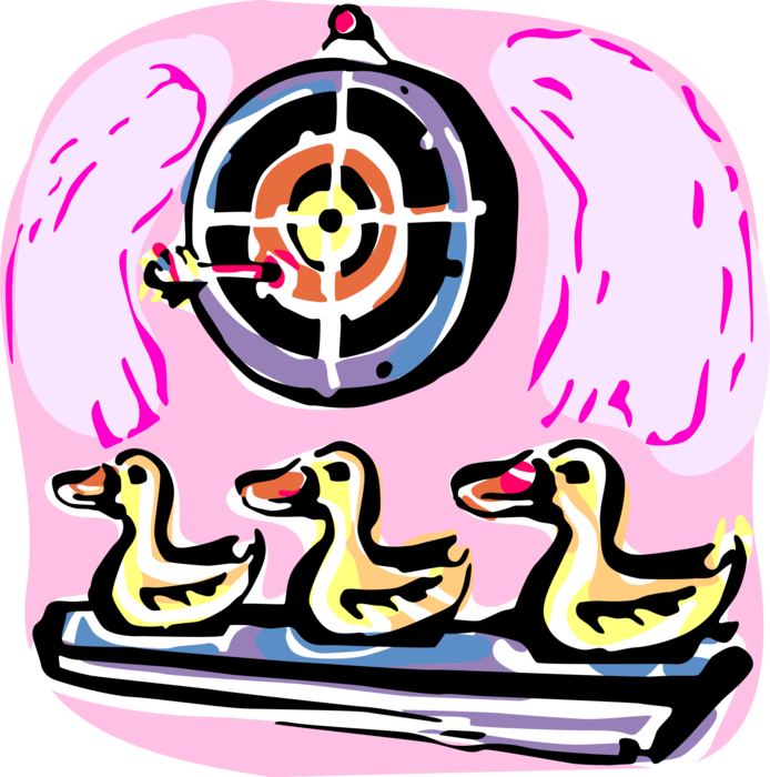 Vector Illustration of Amusement or Theme Park Duck Shooting Game and Dartboard with Dart