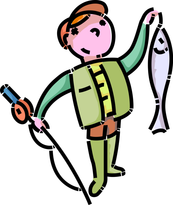 Vector Illustration of Primary or Elementary School Student Fisherman Angler Shows Off Fish Catch