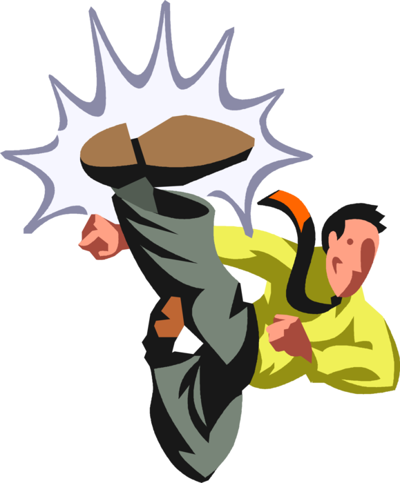 Vector Illustration of Martial Arts Kung Fu Businessman Executes Karate Side Kick Knockout Blow