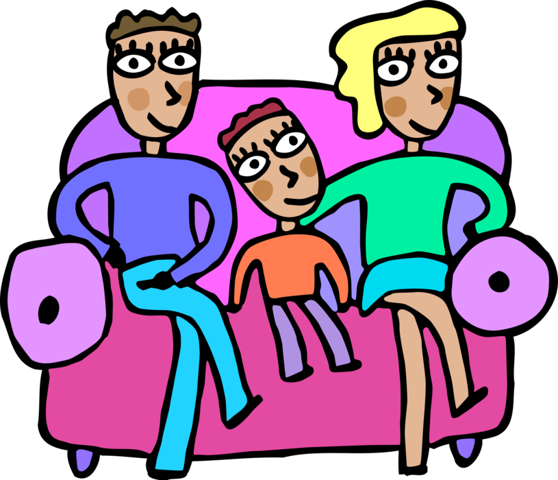 Vector Illustration of Family Sits on Living Room Couch Posing for Family Portrait Photograph