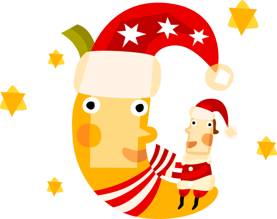 Vector Illustration of Santa Claus, Saint Nicholas, Saint Nick, Father Christmas, Sits on Moon Wearing Santa Hat