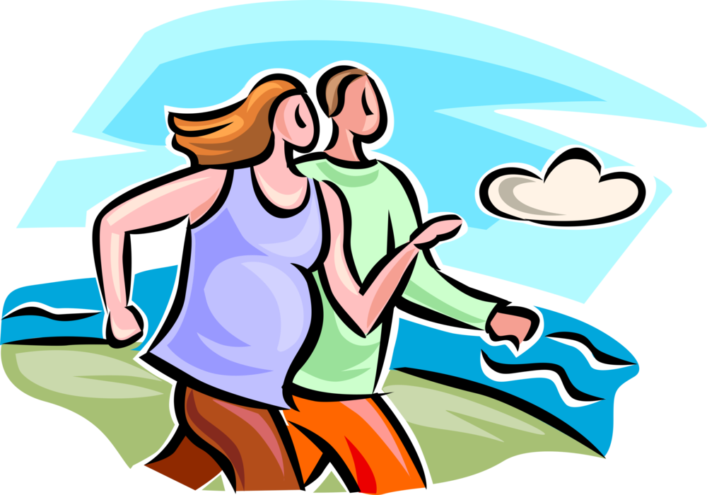 Vector Illustration of Pregnant Expectant Mother Jogging Outdoors for Physical Fitness Exercise