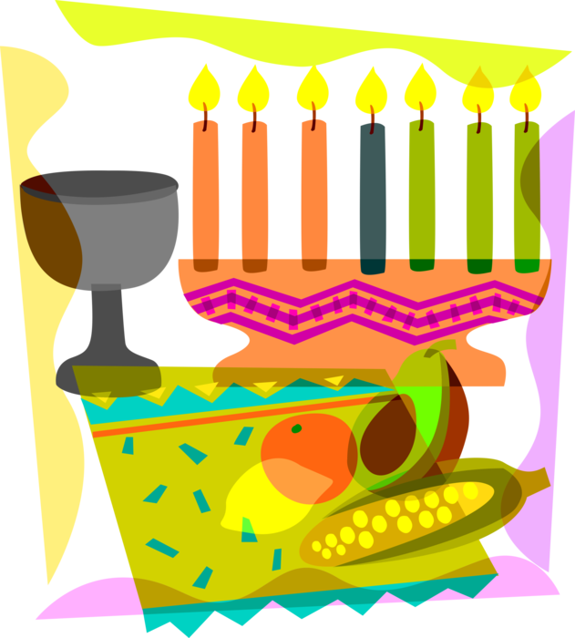Vector Illustration of Traditional African Kinara Candle Holder of Kwanzaa with First Fruit Festival Wine Glass, Corn and Fruit