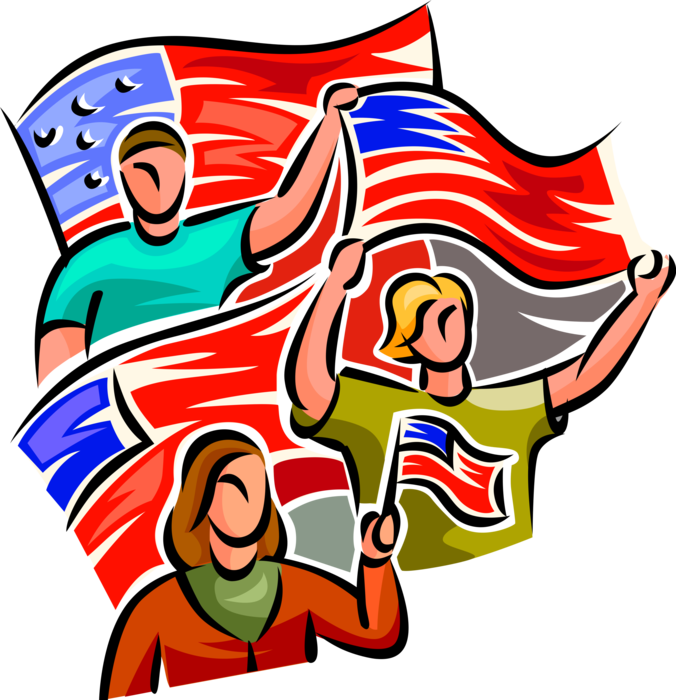 Vector Illustration of American Patriots Proudly Waving United States of America American Flags