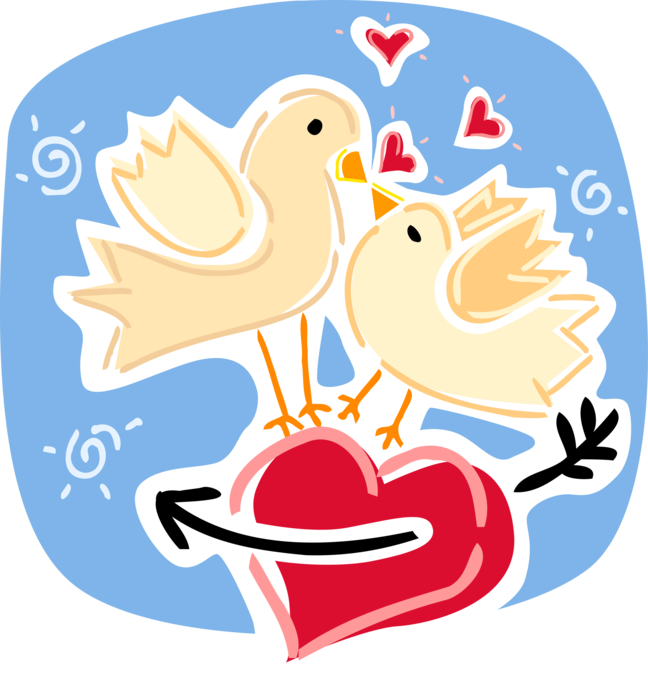 Vector Illustration of Romantic Love Birds Kissing on Valentine's Day Love Heart