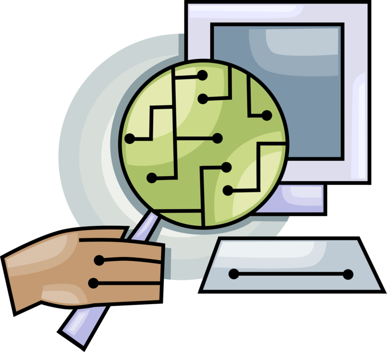 Vector Illustration of Hand Holds Magnifying Glass to Inspect Computer Printed Circuit Board