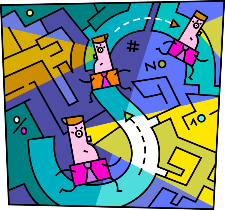 Vector Illustration of Businessmen Navigate Maze Labyrinth Route to Achieve Business Goals and Objectives