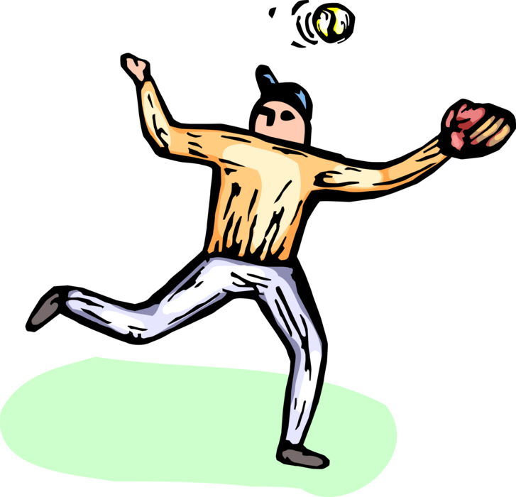 Vector Illustration of American Pastime Sport of Baseball Player Catches Ball During Game with Baseball Glove
