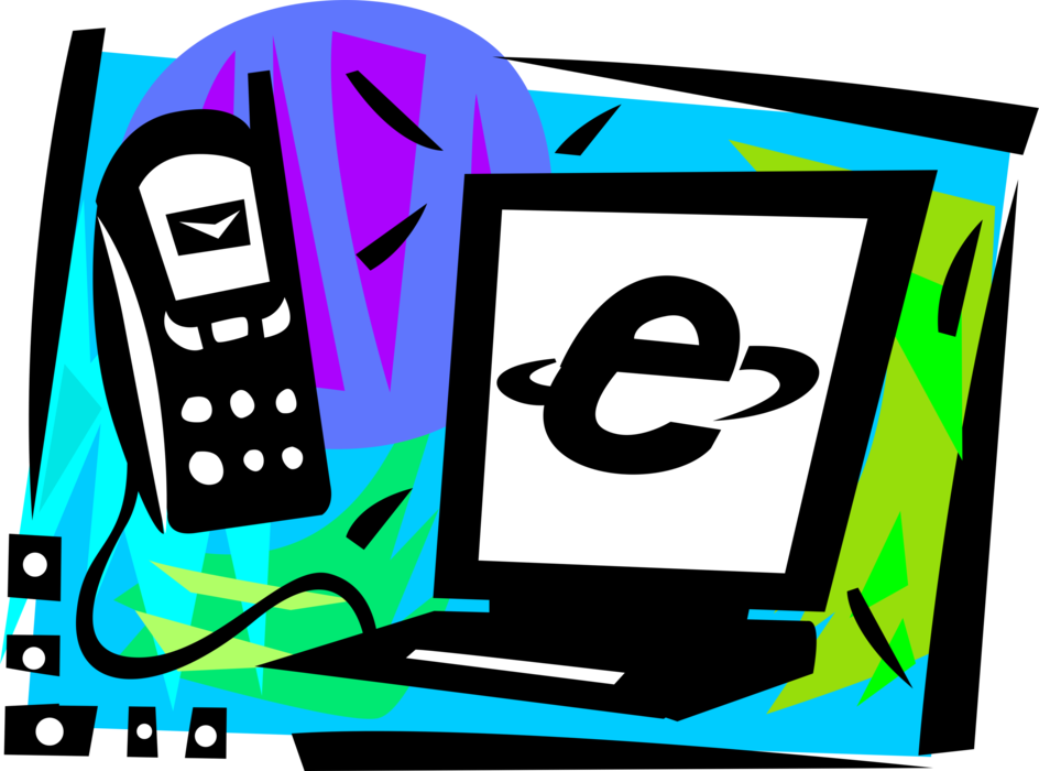 Vector Illustration of Accessing Online Internet Information on Personal Computer and Handheld Mobile Phone Telephone