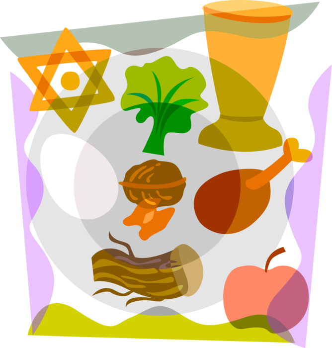Vector Illustration of Rosh Hashanah Feast with Star of David Symbol of Jewish Identity and Judaism, Apple, Nuts, Lettuce