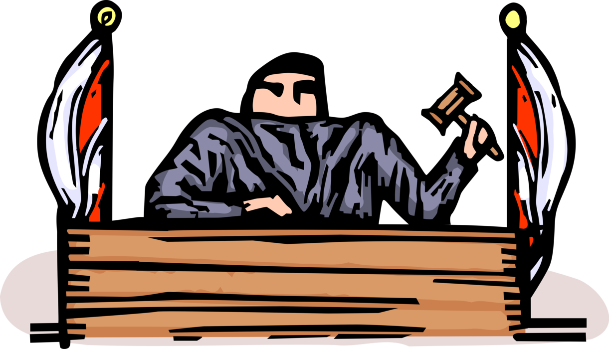 Vector Illustration of Courtroom Judge Bangs Gavel Ceremonial Mallet to Punctuate Ruling and Proclamation