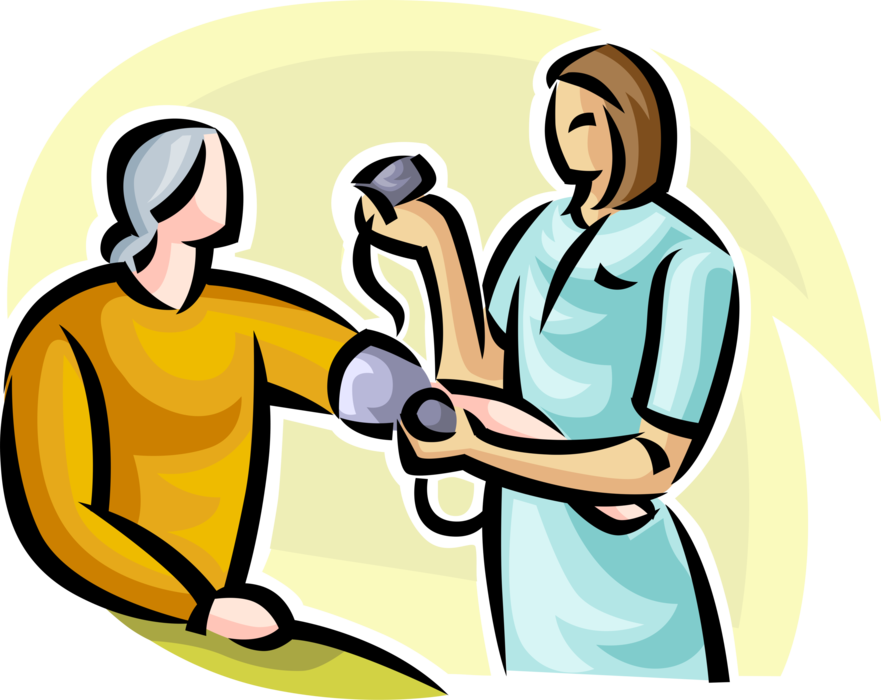 Vector Illustration of Patient with Nurse Administering Blood Pressure Test