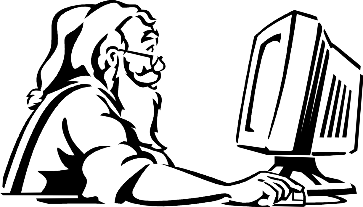 Vector Illustration of Santa Claus Works at Desktop Personal Computer