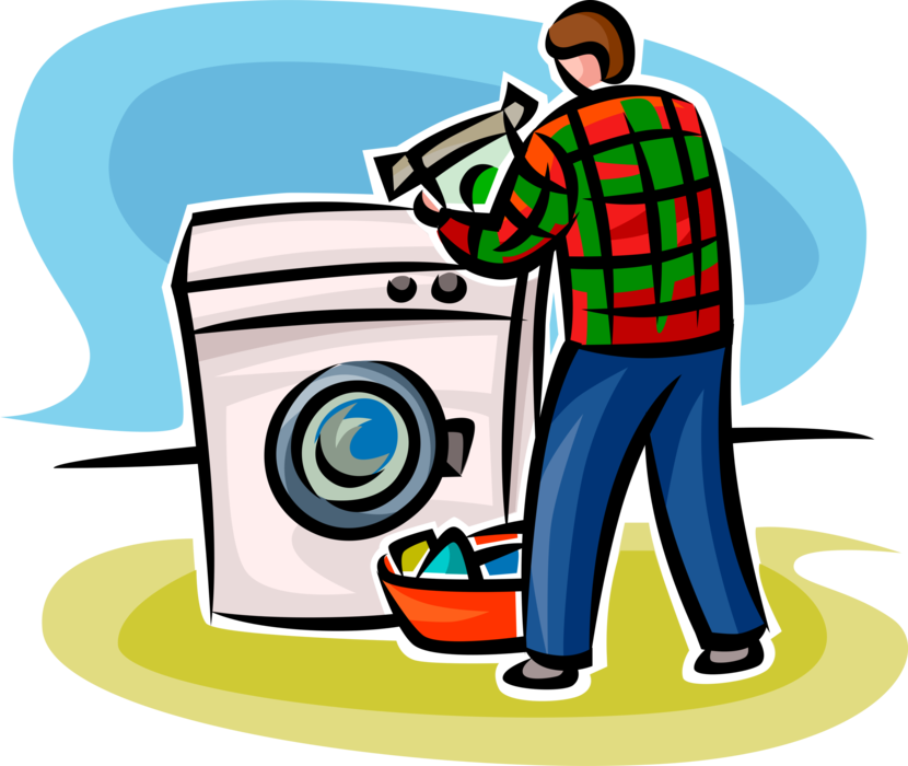 Vector Illustration of Home Laundry with Washing Machine and Clothes Hamper