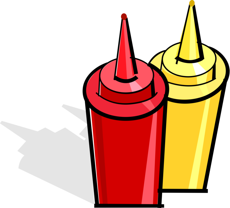 Vector Illustration of Mustard and Ketchup Food Condiment Bottles