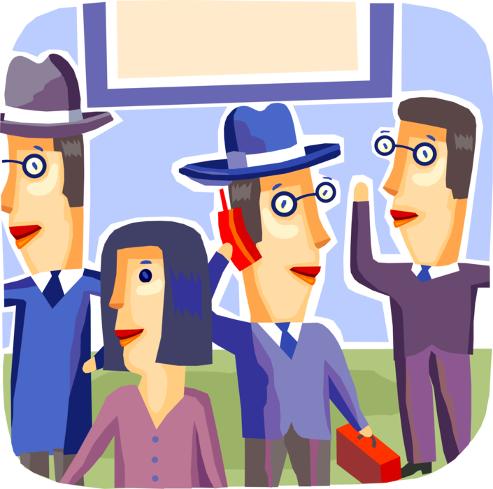 Vector Illustration of Businessman Talks on Mobile Cell Phone in Crowd of People