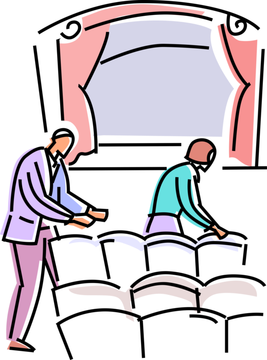 Vector Illustration of Movie Cinema, or Live Broadway Play Theater or Theatregoers Select Seats to Watch Show Performance