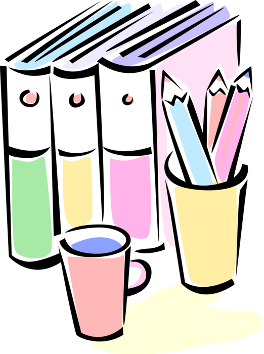 Vector Illustration of Office Books, Binders, and Pencil Writing Instruments in Cup Holder