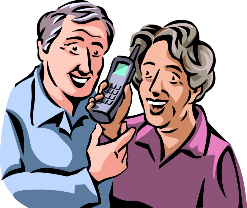Vector Illustration of Retired Elderly Senior Citizen Couple Enjoy Mobile Smartphone Phone Conversation with Grandchildren